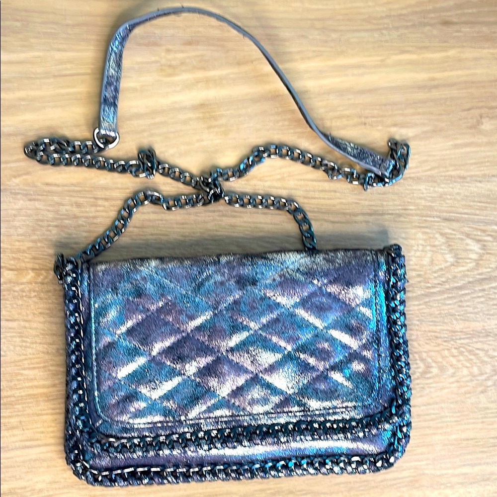 MADISON WEST DISTRESSED METALLIC QUILTED CROSSBODY SILVER PEWTER GUNMETAL CHAIN
